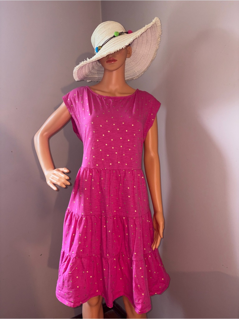 Boden Fuchsia Tiered Dress with Gold Dots